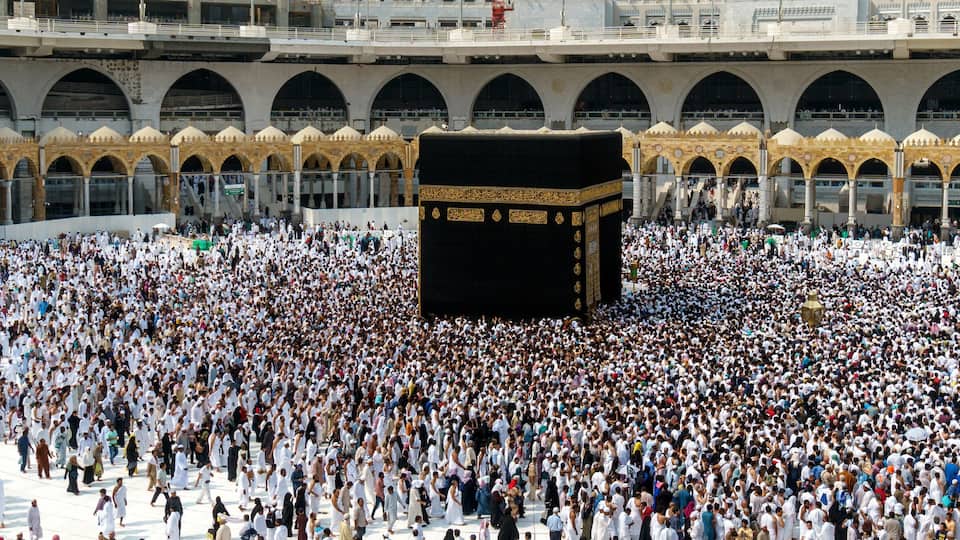 Muslims pilgrims from all around the world circumabulate (tawaf) the Kaaba at Masjidil Haram, Mecca, Saudi Arabia.