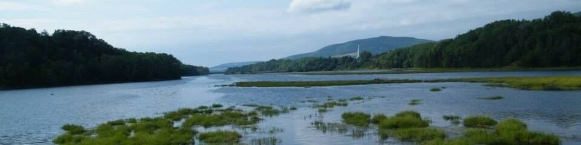 A beautiful walking trail along the inner section of the Mabou Inlet. Bald eagles are often spotted along this trail. This view looks back across the inlet towards the town of Mabou and its striking church spire.