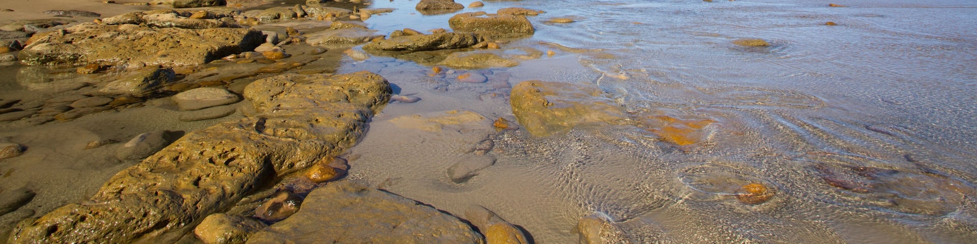 A rocky beach with cliffs and calm water.