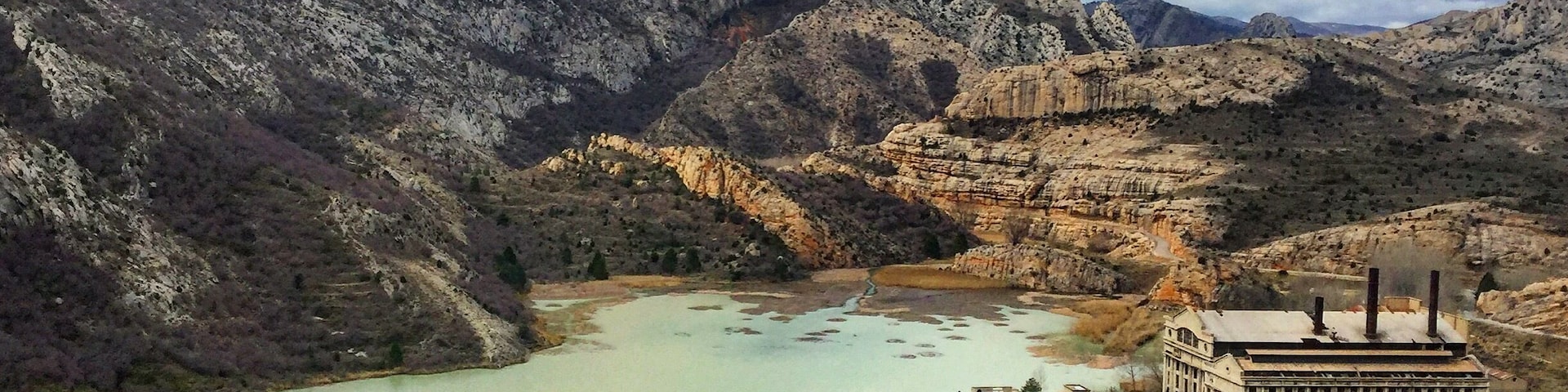 Reservoir (built in 1947) and thermal power station (built 1952) in Aliaga, Teruel, Spain