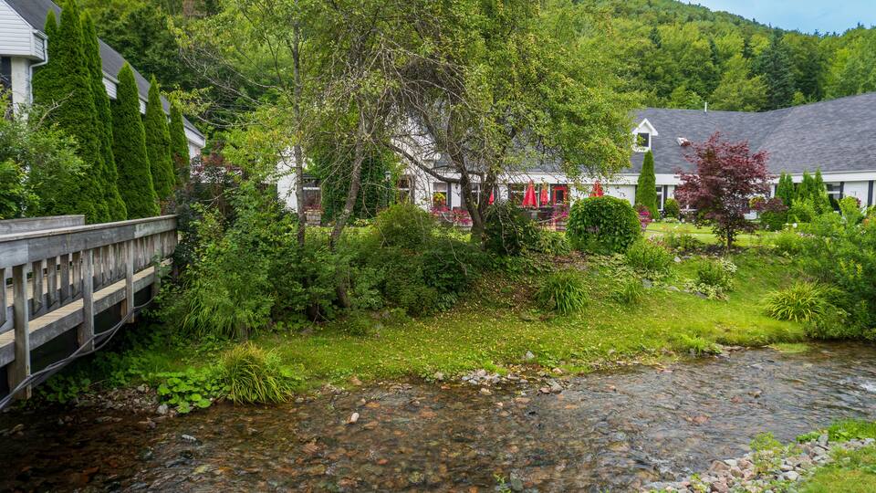 A river flowing through a lush, green landscape with a wooden bridge, surrounded by trees and buildings.