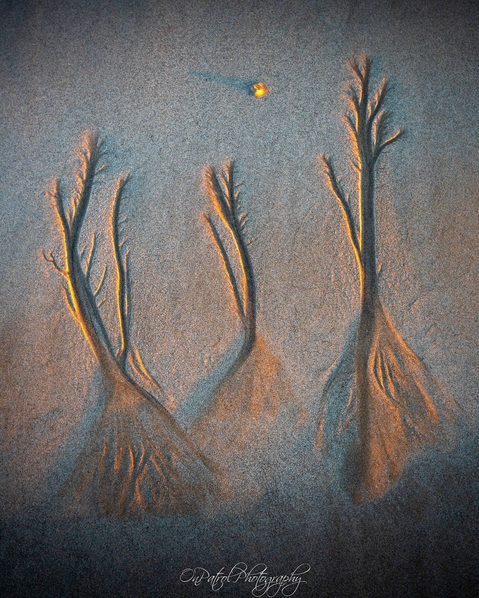 Stunning patterns in the sand at low tide with the sun rising to the east