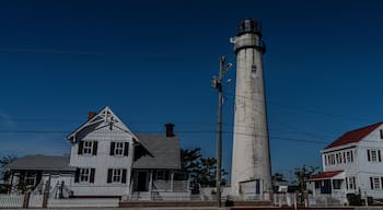 A lighthouse, two white houses with red roofs, and a white picket fence.