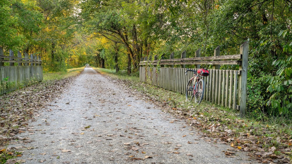 gravel touring bike on Katy Trail near Marthasville, Missouri, in fall scenery