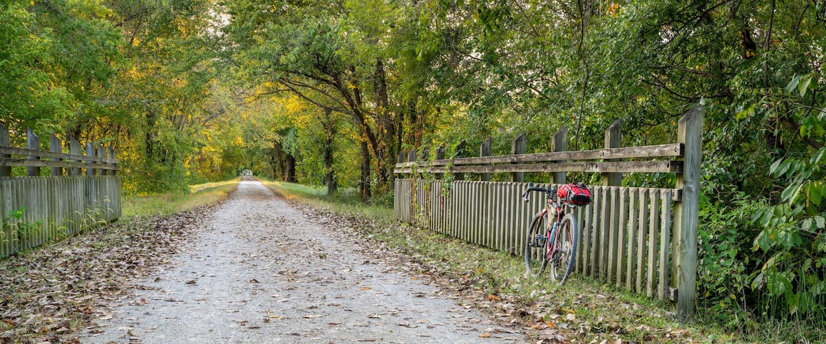 gravel touring bike on Katy Trail near Marthasville, Missouri, in fall scenery