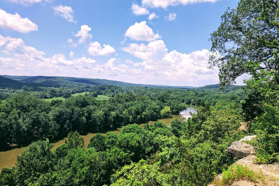 A river winding through a dense forest with hills in the background.