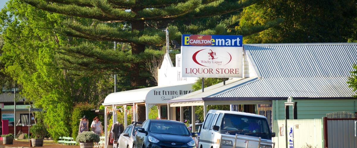 A liquor store with a sign for Barlinton's Mart and a Flying Wardrobe.