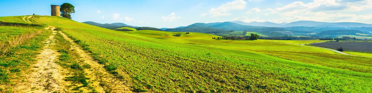Tuscany, Maremma landscape. Old windmill and trees on top of the hill.