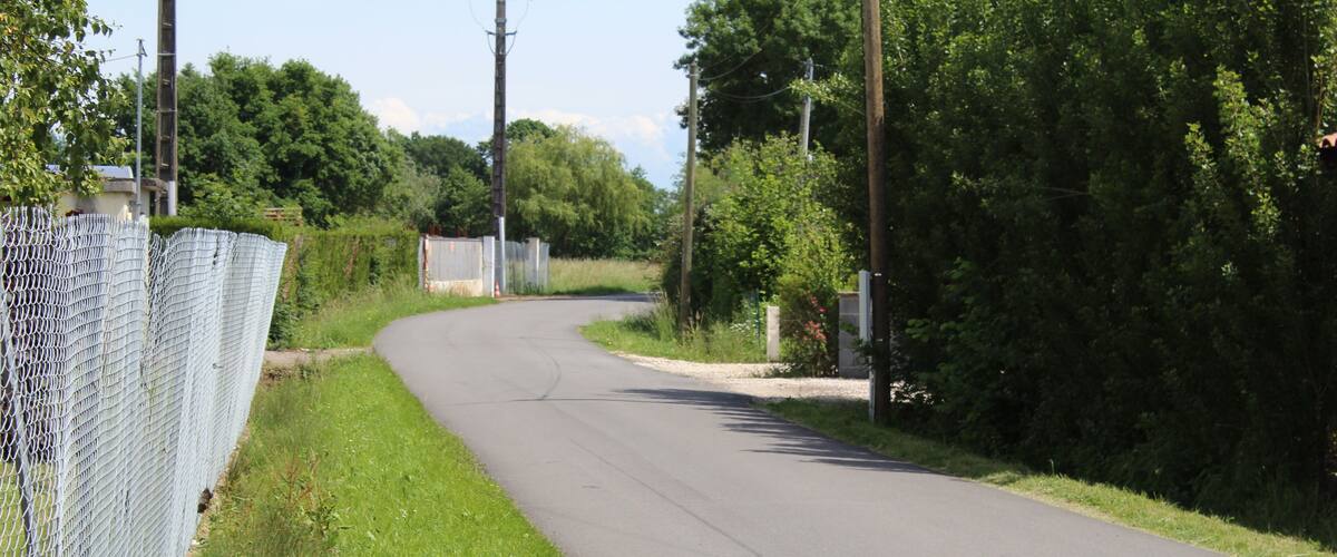 A rural road curving through a green landscape with a chain-link fence on one side and dense trees on the other.