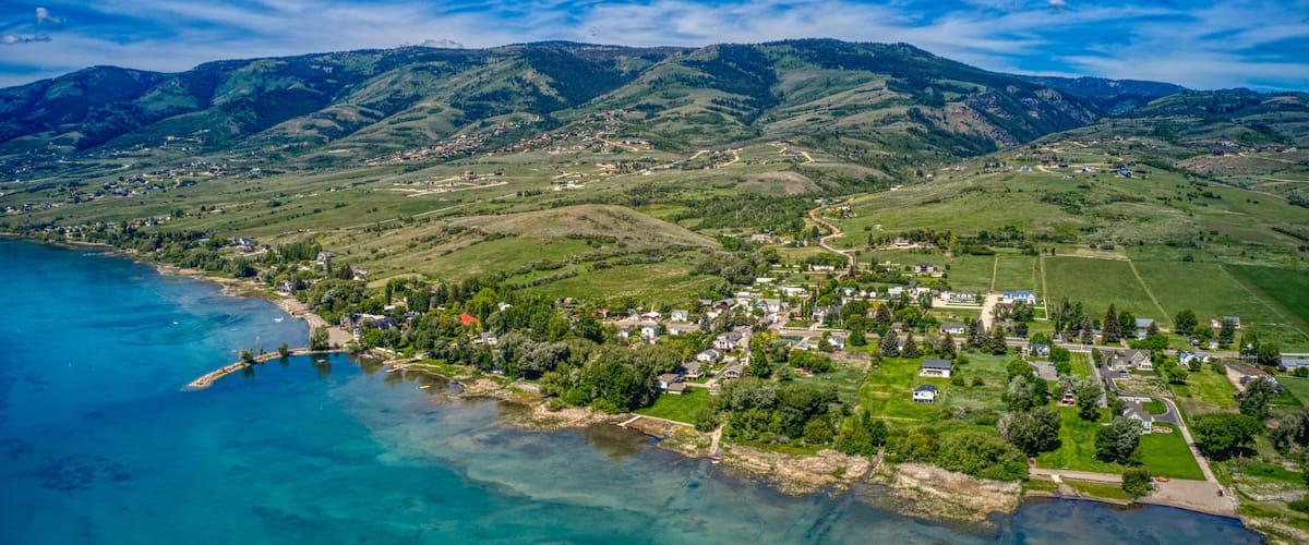 Aerial View of Fish Haven, Idaho on the shore of Bear Lake