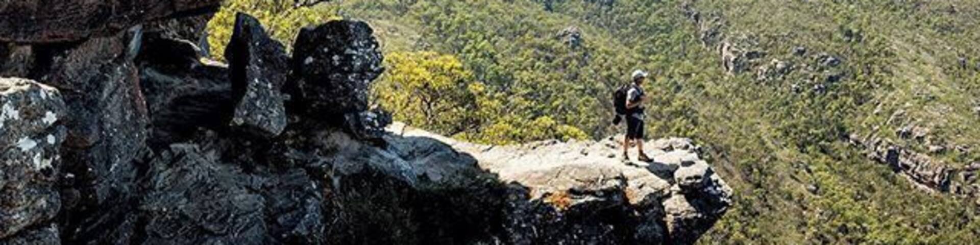 A person standing on a rock formation with a view of a forested valley and distant mountains.