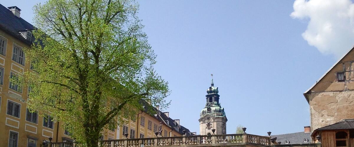 A stone bridge with a tree in the foreground and a tower in the background.