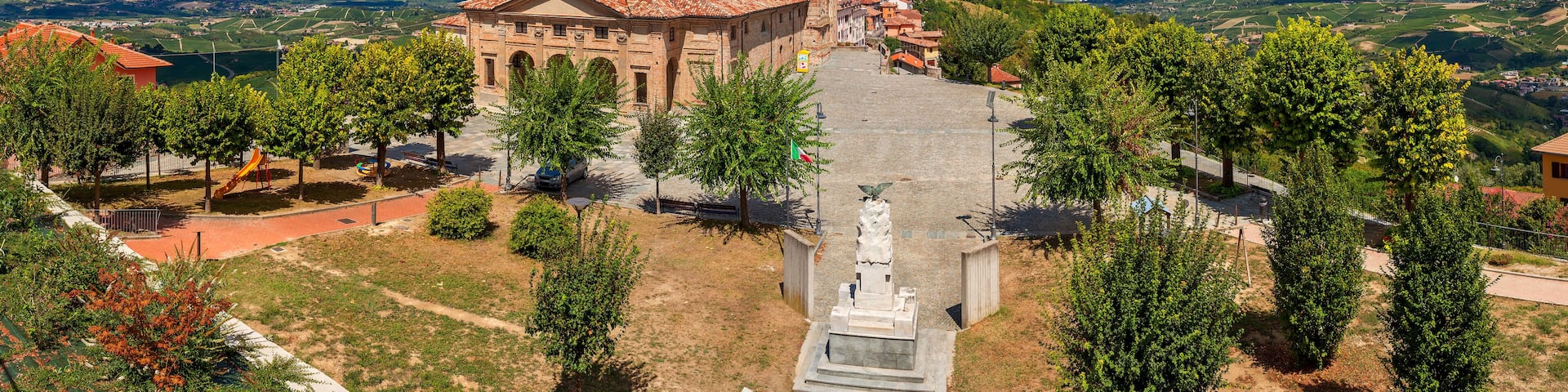 Panoramic view of church under beautiful sky.