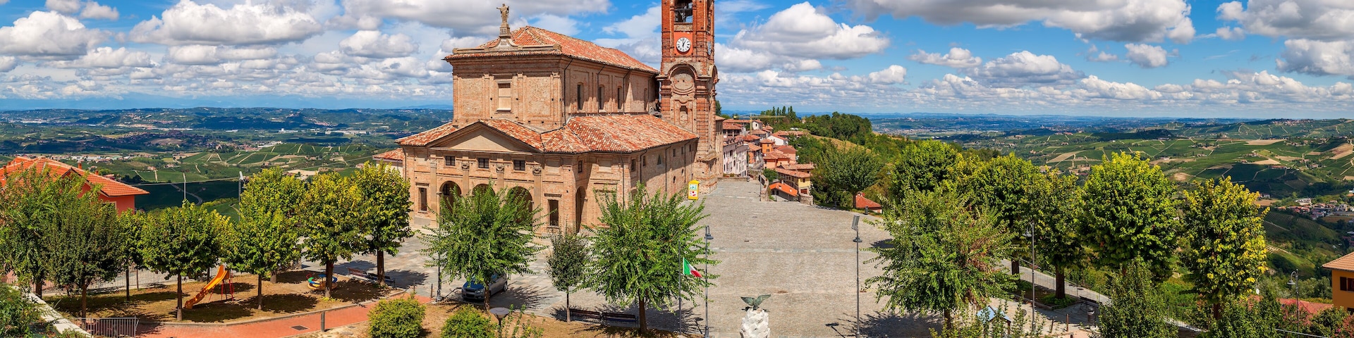 Panoramic view of church under beautiful sky.