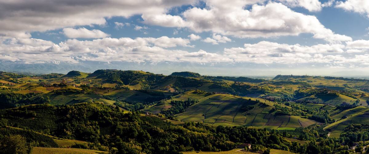 Rolling hills, vineyards, and a mountainous backdrop under a partly cloudy sky.