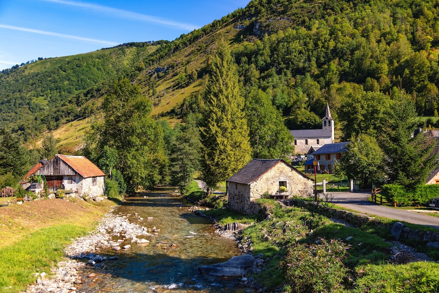 View of the village of Ustou in summer, Couserans-Pyrenees, Ustou Valley, Ariège, Occitanie, France.