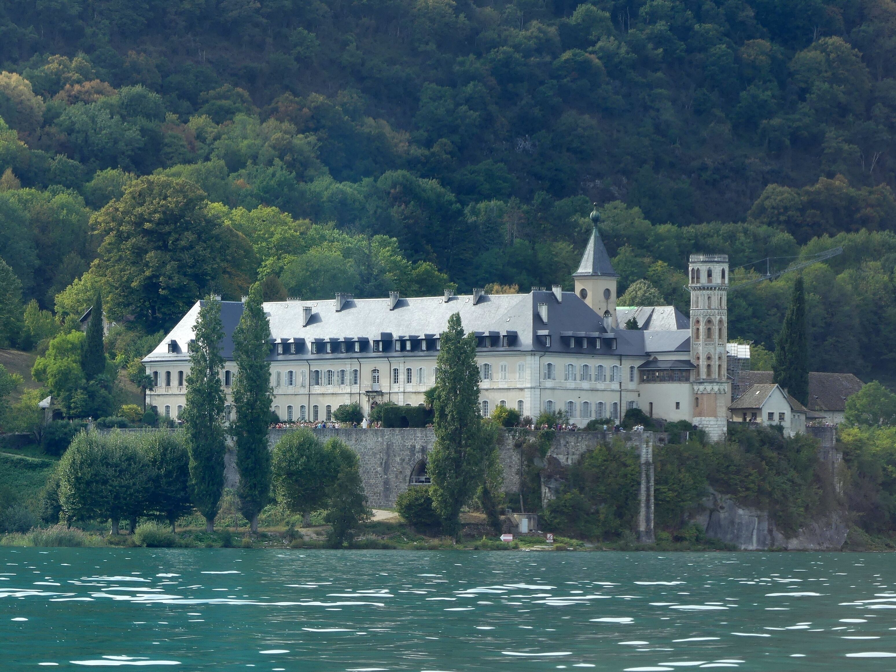 Sight, from the Bourget lake, of Hautecombe abbey in Savoie, France.