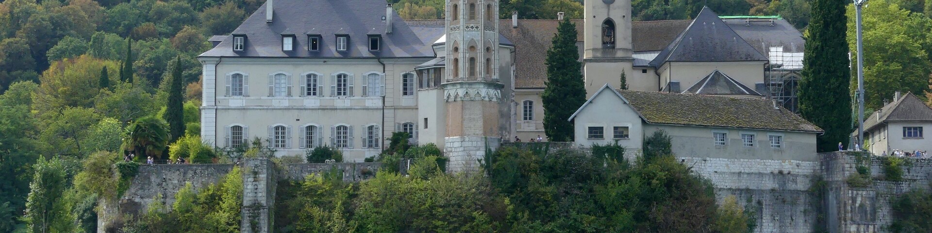Sight, from the Bourget lake, of Hautecombe abbey in Savoie, France.