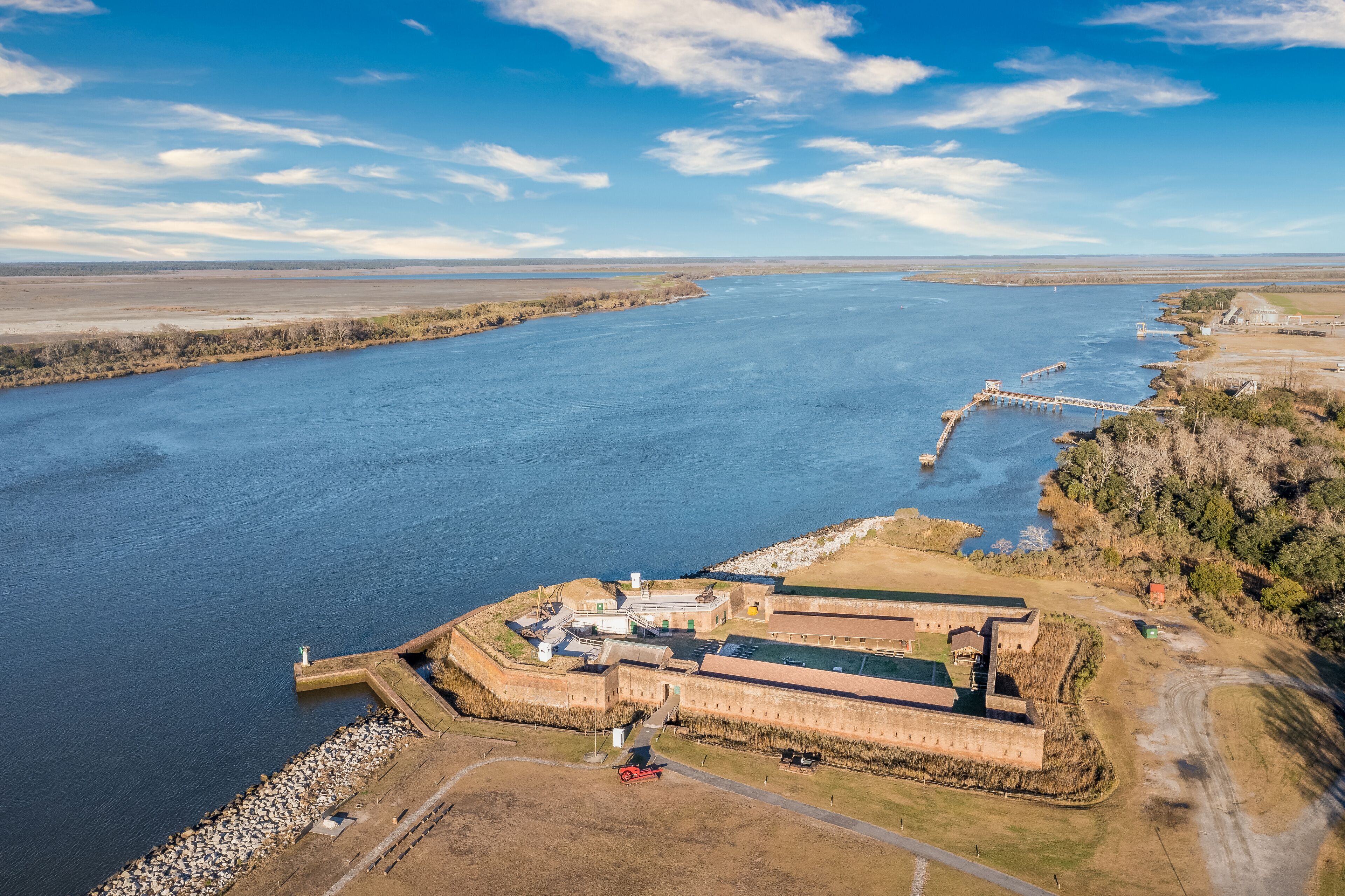 Aerial view of Old Fort Jackson on the Savannah river on the border of Georgia and South Carolina, oldest standing brick confederate fort with river view cannon firing loopholes