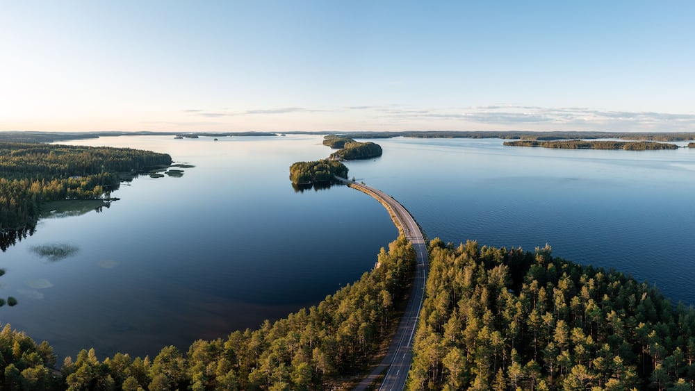 Aerial panorama of Päijänne lake in summer in Pulkkilanharju, Finland.