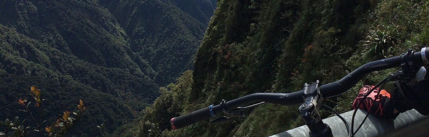 A mountain bike parked on a guardrail overlooking a valley with lush greenery and distant mountains.