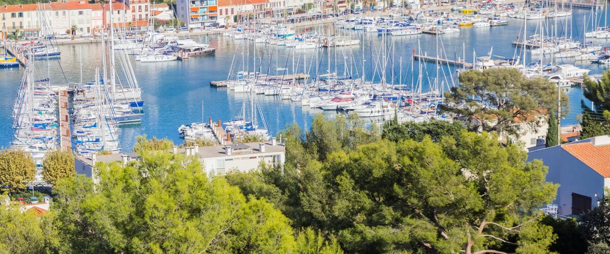 A marina filled with boats surrounded by colorful buildings and trees.