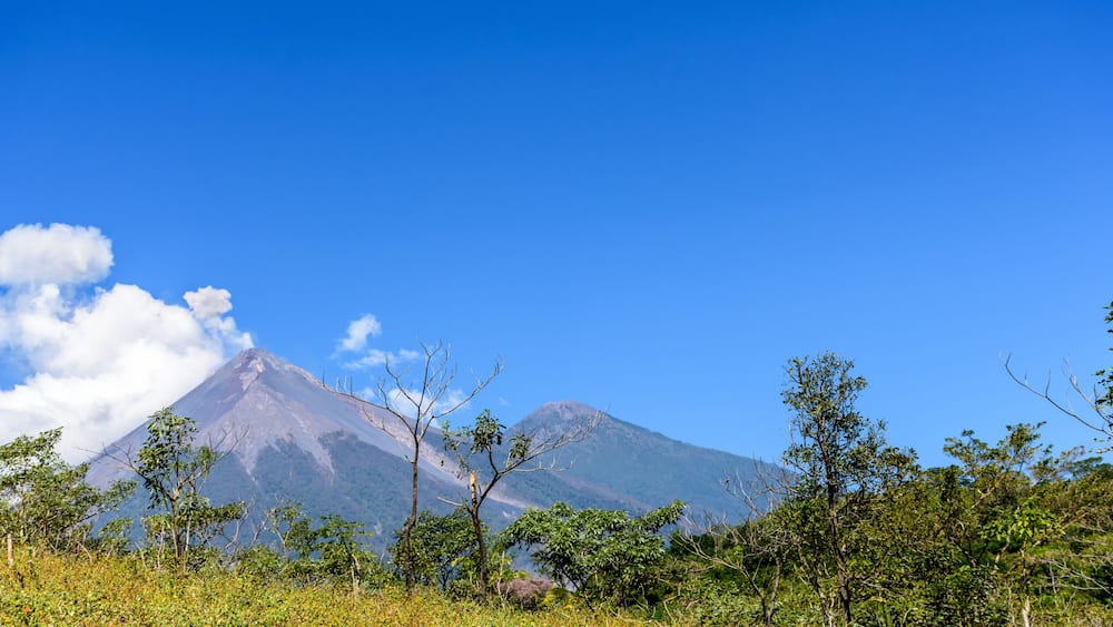 A mountain with a clear sky and sparse vegetation in the foreground.