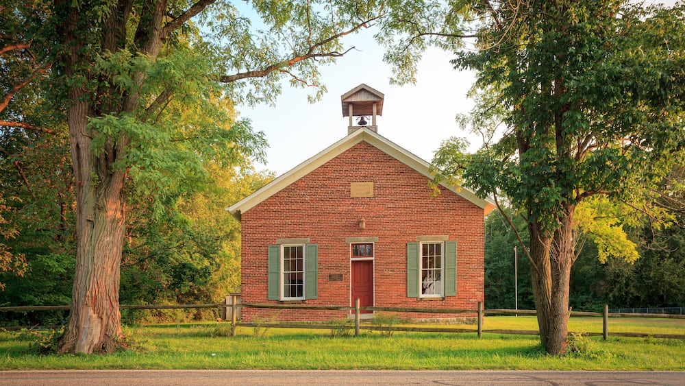 Exterior of old brick one room schoolhouse in Ohio horizontal