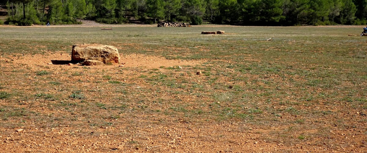 A mountainous landscape with a clear sky, a field with scattered hay bales, and dense forest in the background.