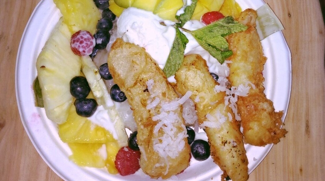 The sampler platter, featuring fried bananas, fresh fruit, sticky rice, and homemade coconut ice cream by Ring of Fire. YUM!
The Oregon Country Fair, an outgrowth of the counter-culture movement, has been going strong for over 40 years. This non-profit, 3 day, festival features hundreds of entertainers and performers, artisans and gourmet food vendors.
There are magical surprises at every corner, a lively parade that roams around the grounds several times a day, and plenty of shade and secret coves to take a nice respite from the ongoing festivities.
Event goers are encouraged to come in costume, but both costumes and face/body paint are available by vendors inside the Fair. Really you are encouraged to come as you are or whoever you wish to be. Toplessness is allowed and various forms of nudity are often witnessed.
I've partook in some fantastic festivals all over the world, but it's true what they say, there's no place like home...The Oregon Country Fair, or simply "Fair," is truly world class.
What a beautiful, wild, and fun weekend with the kindest, most loving weirdos you'll ever meet!
"The Oregon Country Fair creates events and experiences that nourish the spirit, explore living artfully and authentically on Earth, and transform culture in magical, joyous and healthy ways."
Held annually every 2nd weekend of July, Fri-Sun.