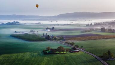 View of hot air balloon flying over rural landscape
