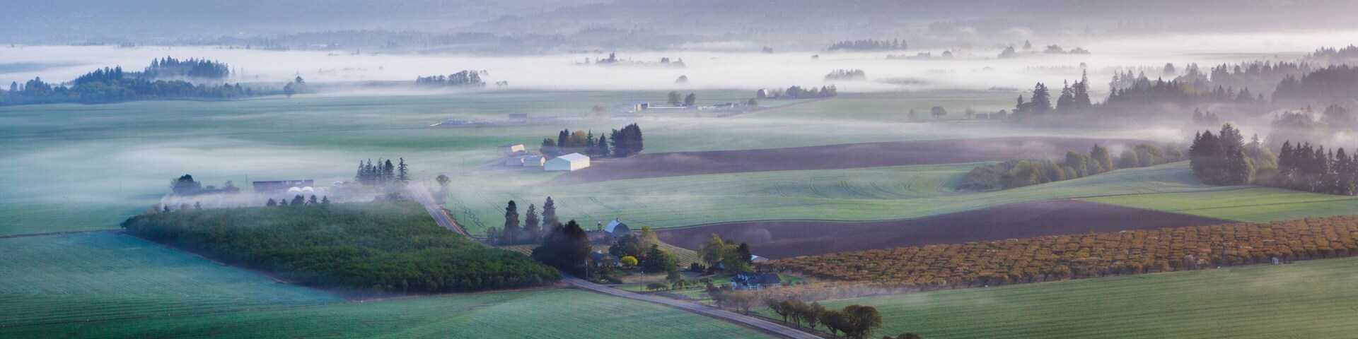 View of hot air balloon flying over rural landscape