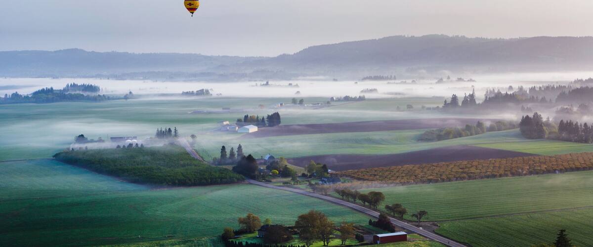 A rural landscape with fields, a road, and a hot air balloon in the distance.