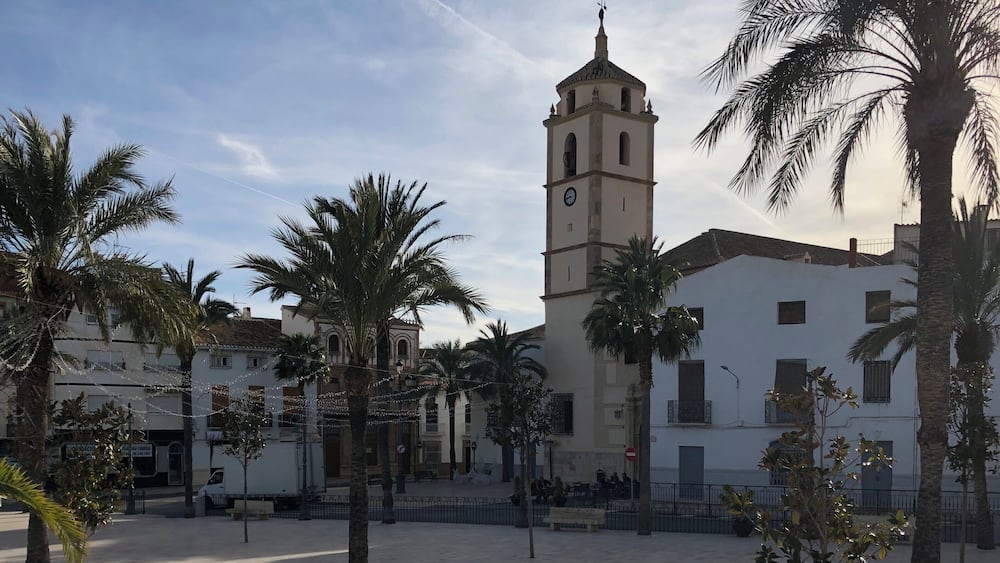 A plaza with palm trees, a clock tower, and buildings with balconies.
