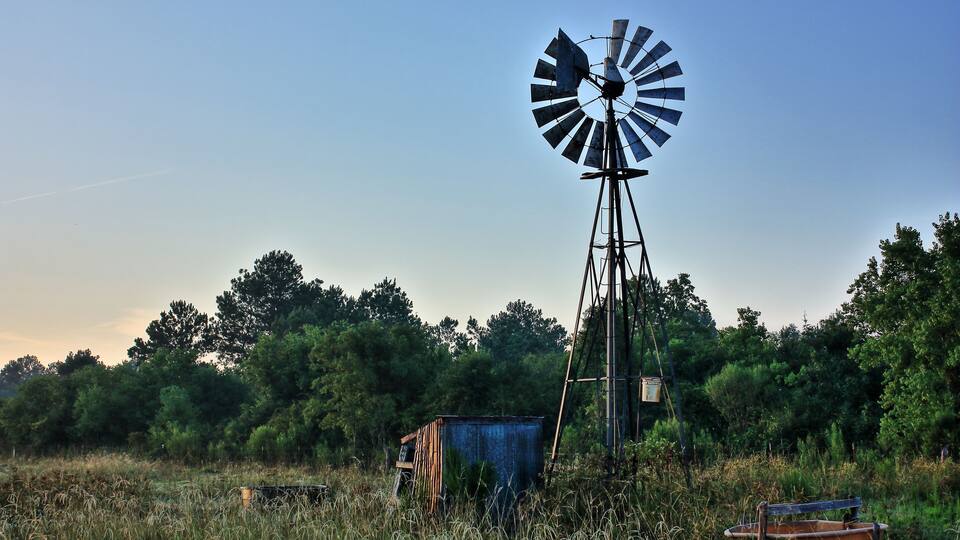 A windmill in a grassy field with trees in the background.