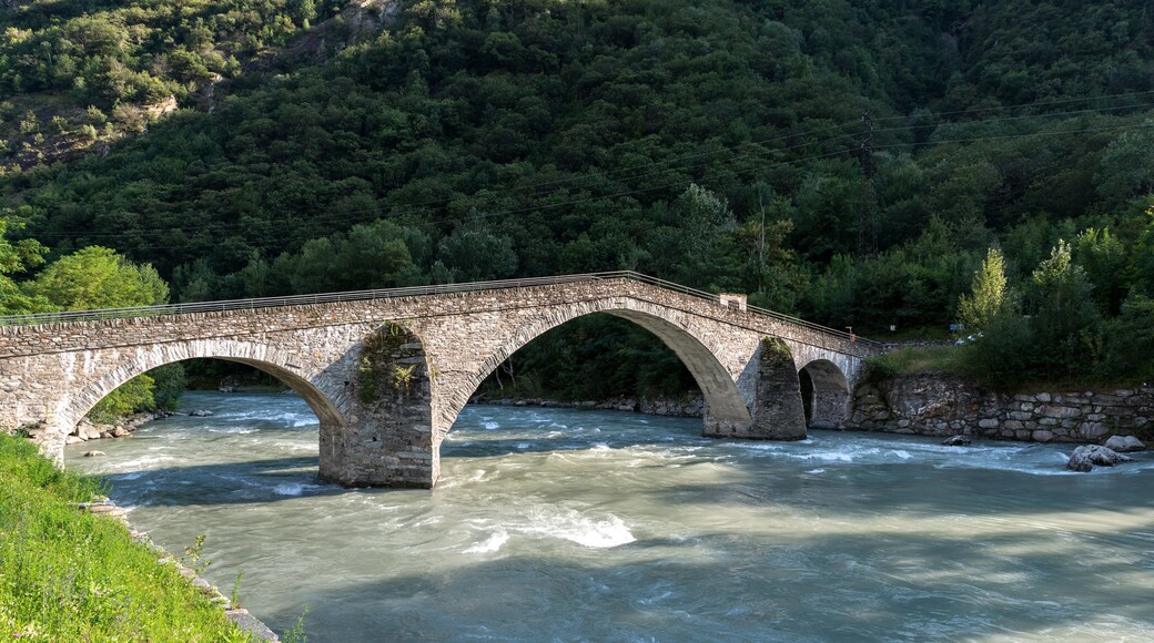 Stone bridge over the Dora Baltea River, Echallod, near Issogne, Aosta Valley (Italy)