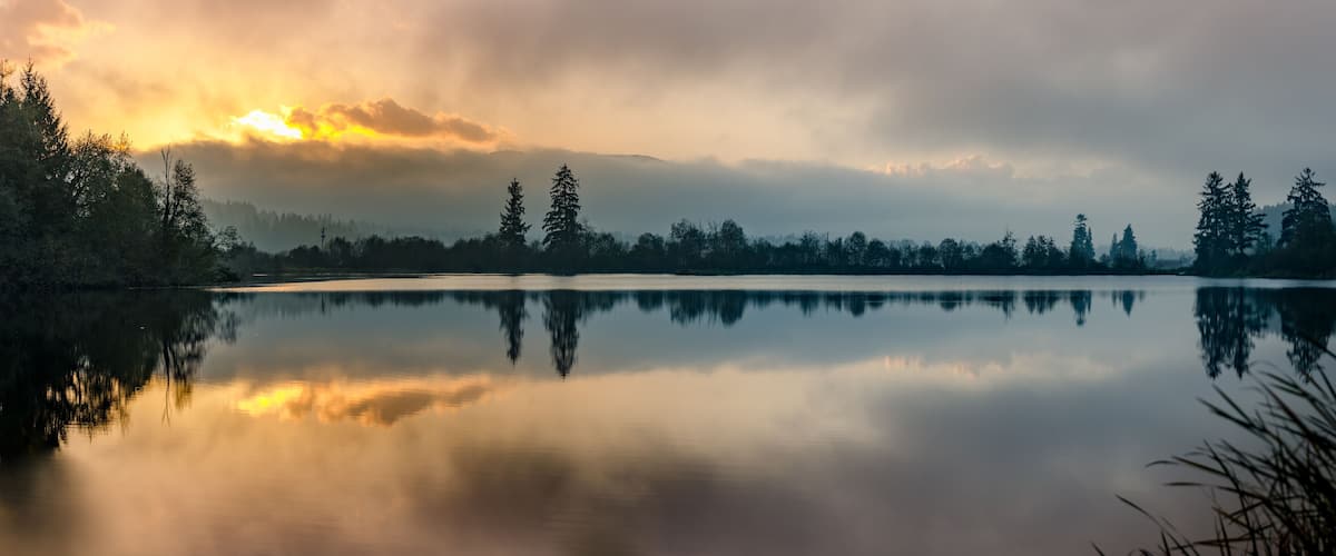 A calm lake reflecting trees and a cloudy sky.