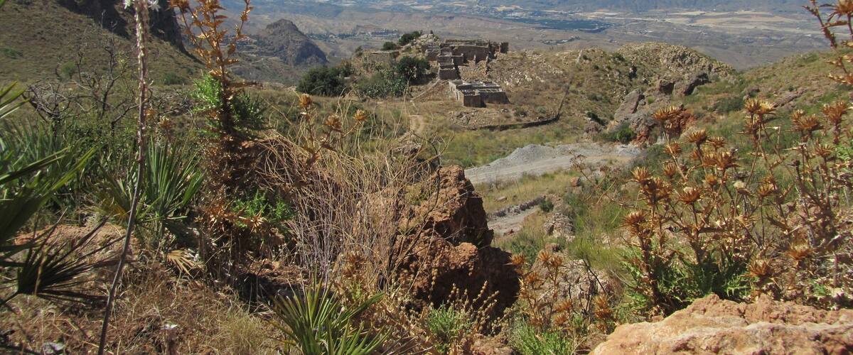 A mountainous landscape with a view of distant mountains, a valley, and a historical ruin.