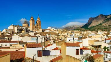 Panoramic view of an Andalusian village with its white houses and tall church towers, Velez Rubio, Andalusia.