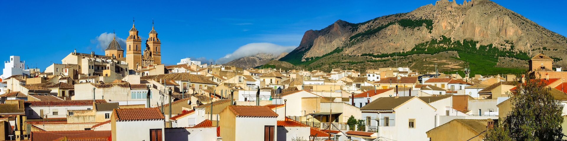 Panoramic view of an Andalusian village with its white houses and tall church towers, Velez Rubio, Andalusia.