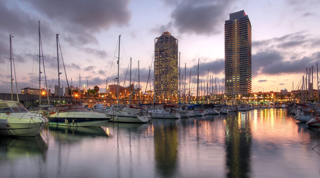 Skyscrapers towering over the marina in Port Olimpic (Olympic Harbor), Barcelona, Spain at sunset