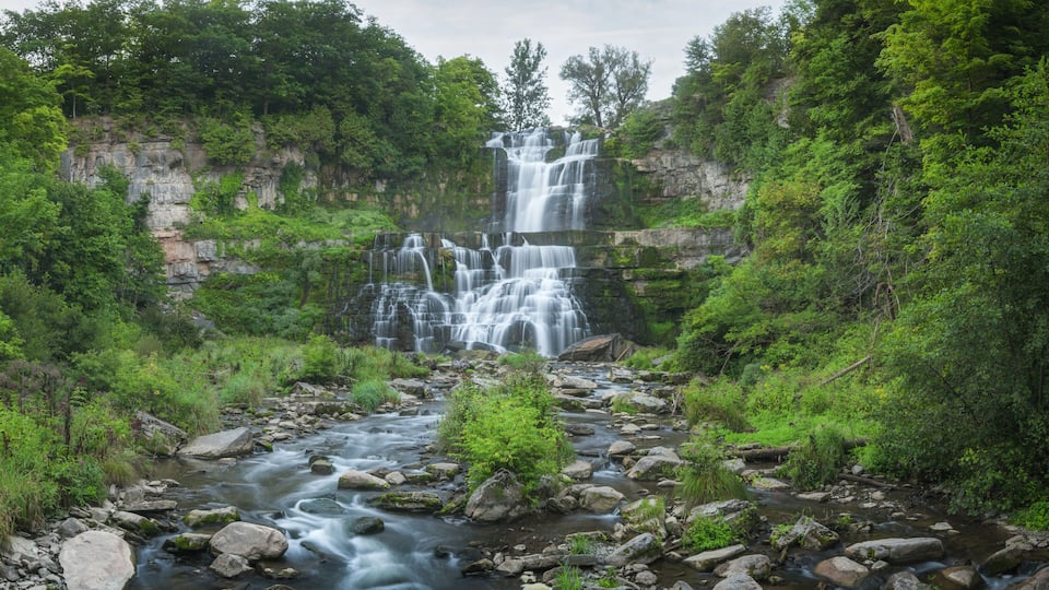 A waterfall cascading over rocks into a river surrounded by lush greenery.