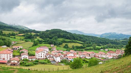 panoramic view of pyrenees mountains and countryside town, spain