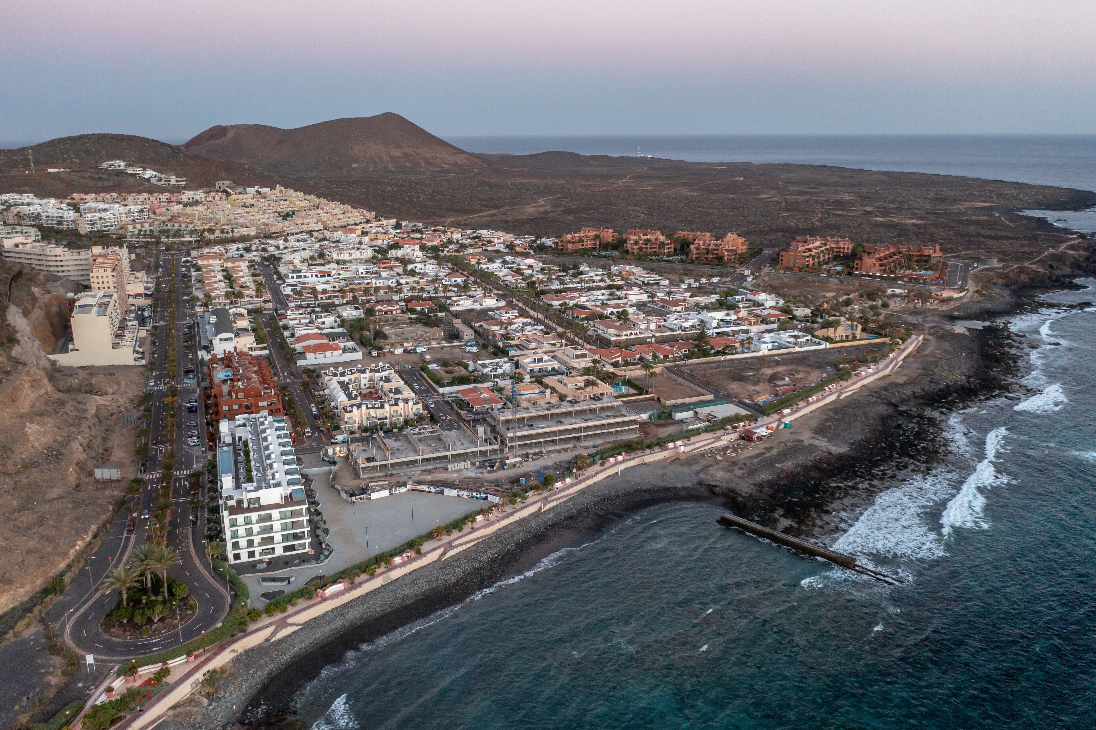Aerial view of Palm-Mar coastal town after sunset, Tenerife