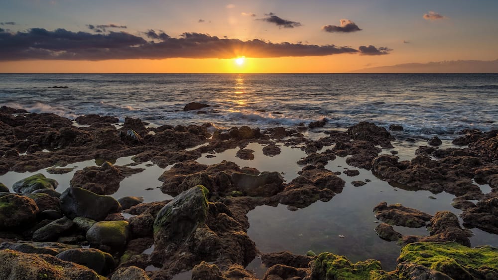 Un rivage rocheux au coucher du soleil, avec le soleil qui disparaît à l’horizon de l’océan.