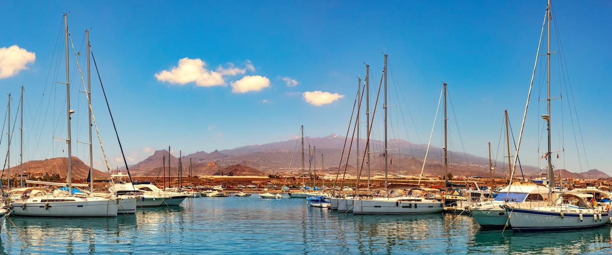 A marina with multiple sailboats docked, a clear blue sky, and mountains in the background.