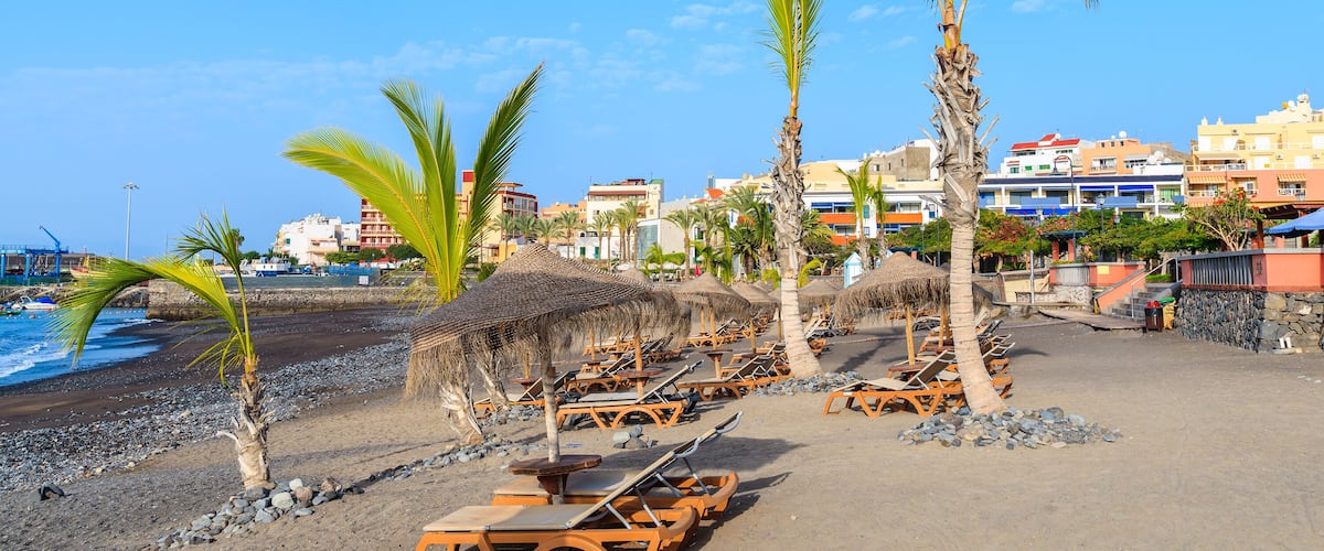 A beach with palm trees, sun loungers, and a rocky shoreline.