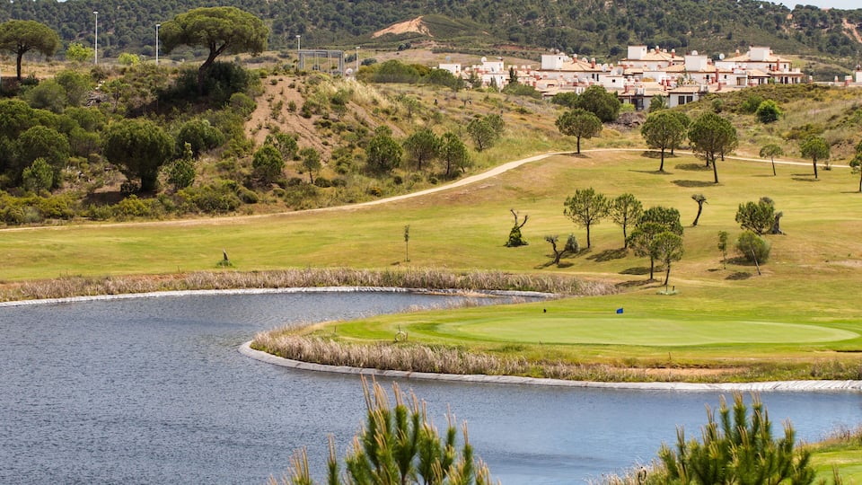 A golf course with a pond, trees, and a village in the background.