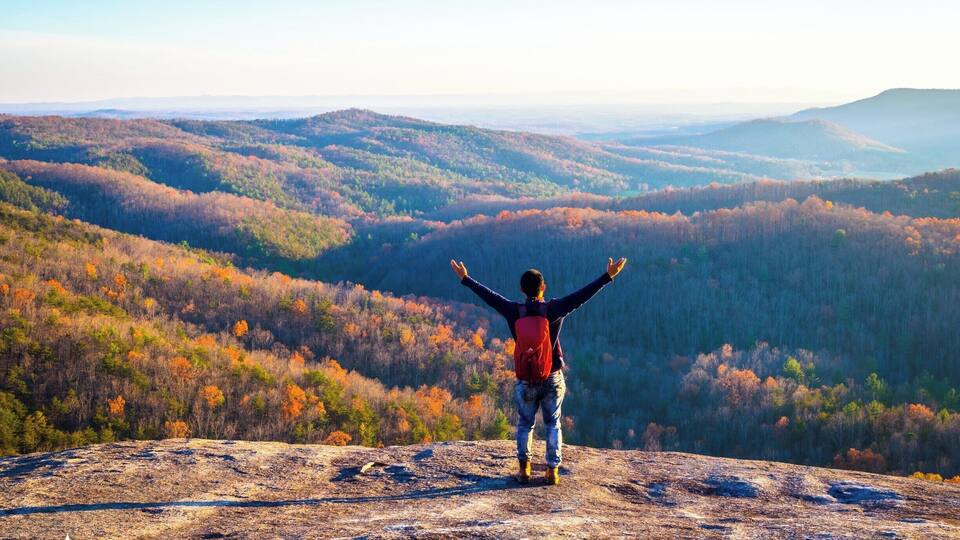 A person standing on a rocky outcrop with arms raised, overlooking a forested valley with autumn foliage.
