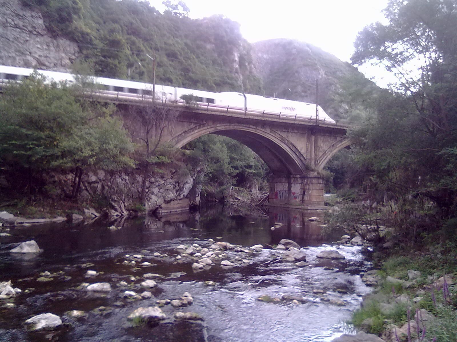 A stone bridge over a river with rocks and trees.